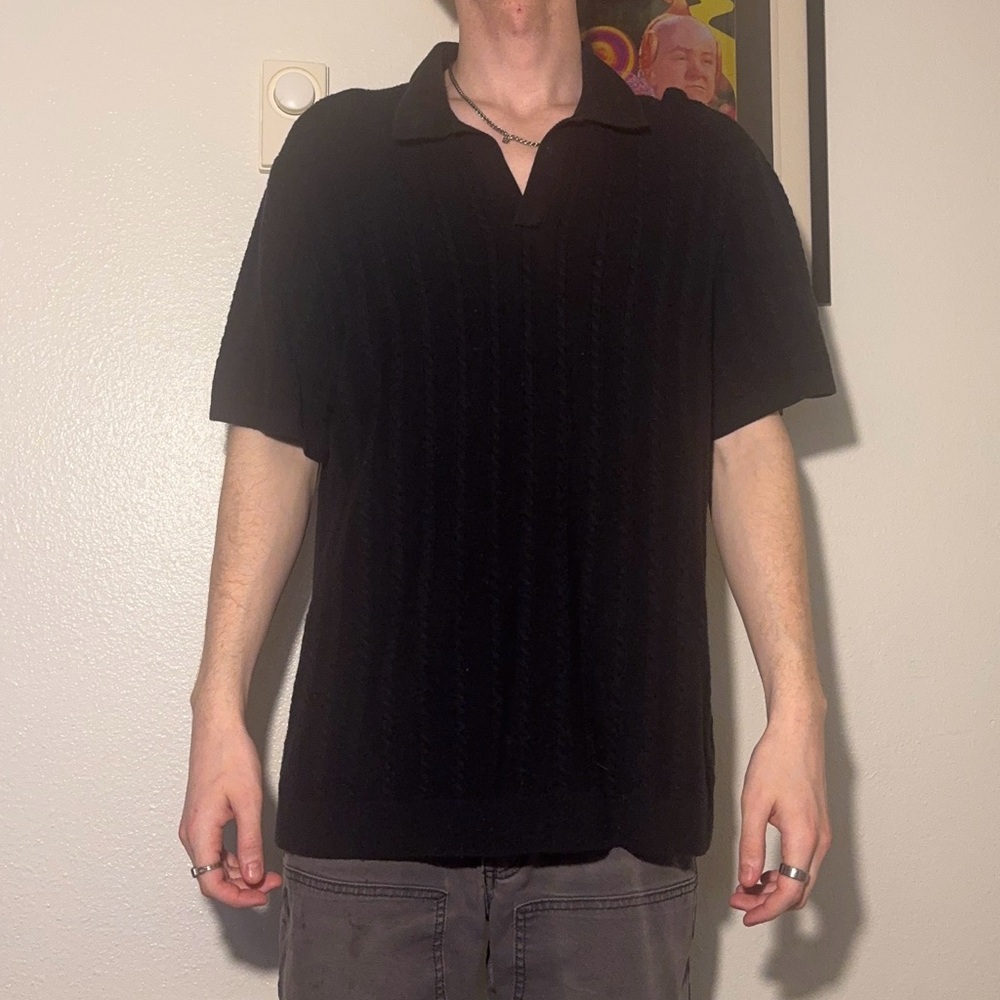 Zara Black Short-Sleeve Knit Polo with Open V-Placket